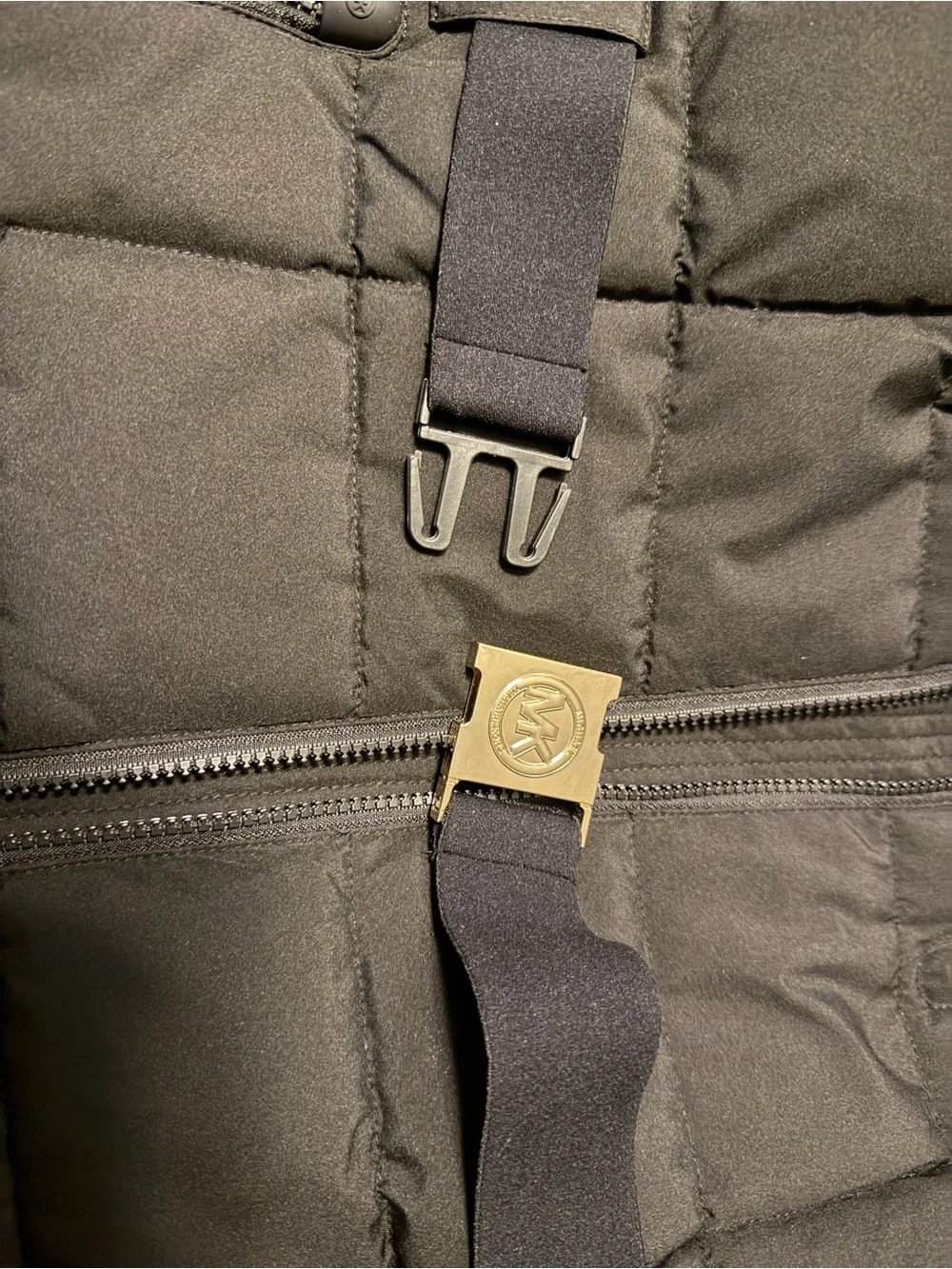 Michael Kors Black Quilted Belted Hooded Puffer Coat with Faux Fur Trim
